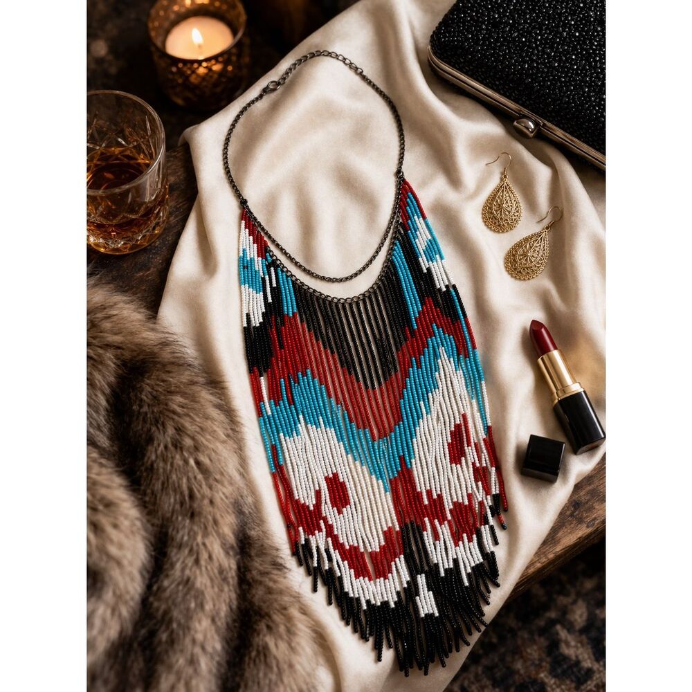 Handmade Beaded Statement Necklace Tribal Boho Fringe Bib Southwest Festival - Picture 4 of 10